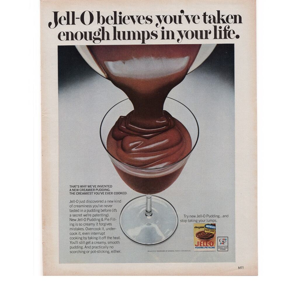 Jell-O Pudding Magazine Advertisement 1960s Vintage Chocolate Lumps Dessert